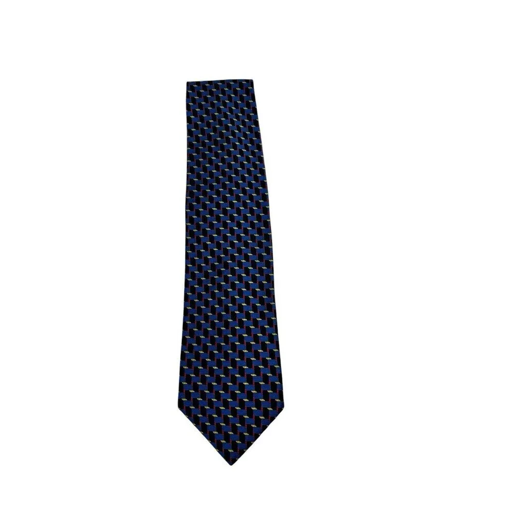 Bruno Piattelli 100% Silk Necktie Mens Geometric Blue Red Yellow Black